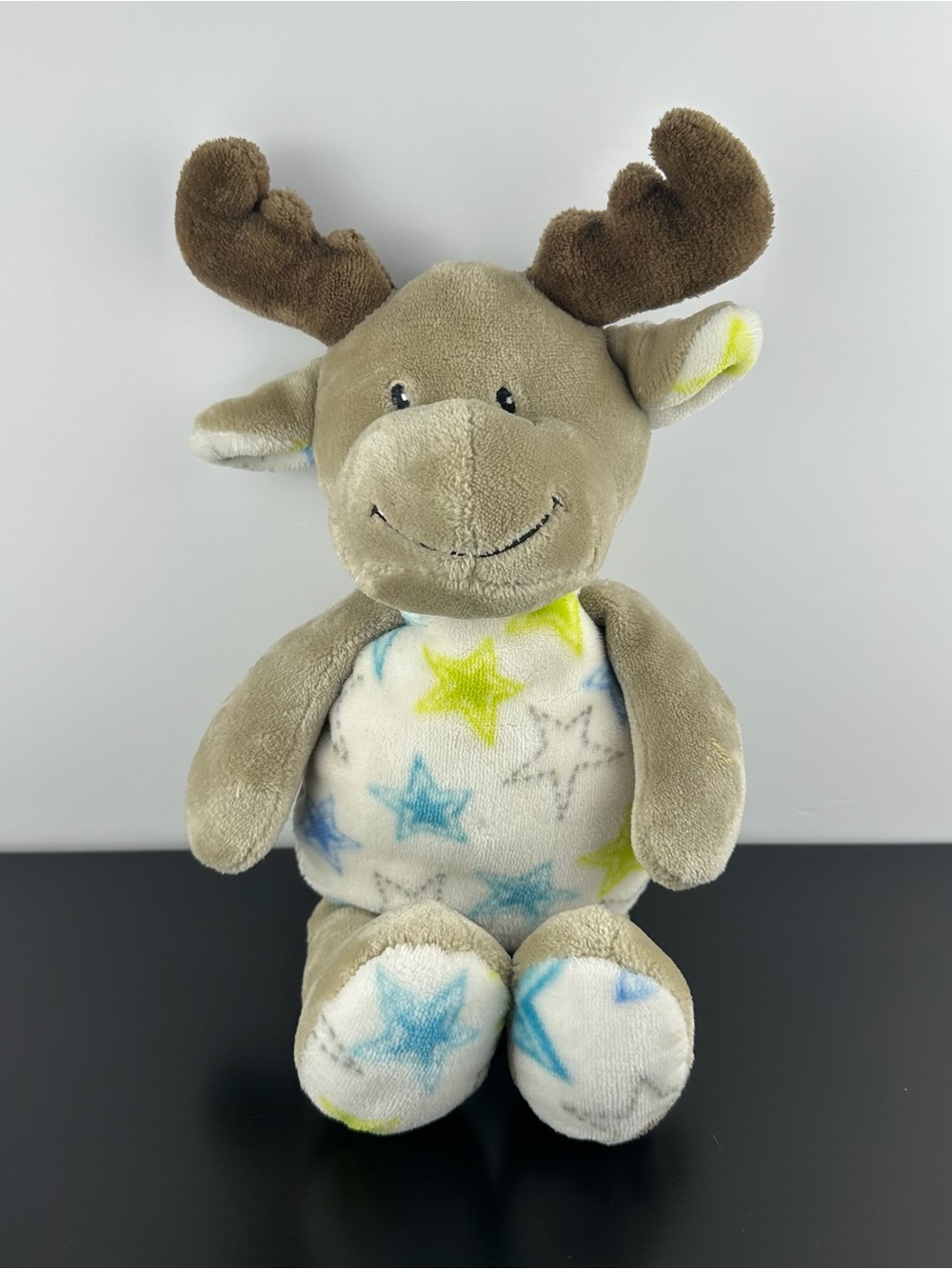 Little Miracles Rare Moose 16" Large Gray Brown Plush Blue Star Print Belly